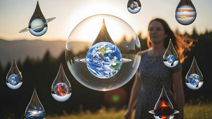 A surreal vision of planets captured in water droplets floating above a natural landscape