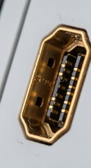 Golden DisplayPort. A macro shot of a gold-plated DisplayPort or similar digital video interface on a metallic grey surface
