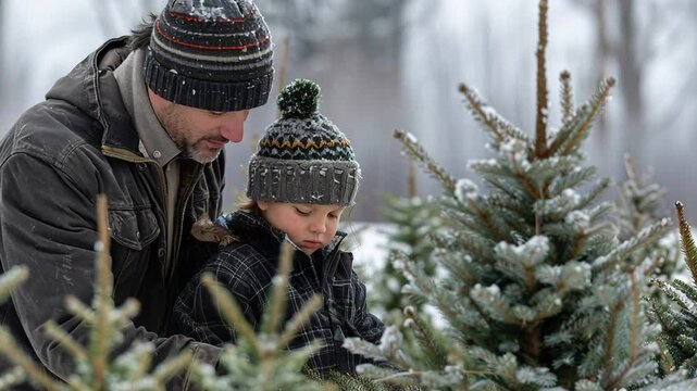 A father and son look at small trees covered with snow at a tree farm. The boy points to a tree while the father speaks to him. The scene shows a winter day with snowflakes in the air