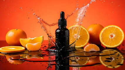 Citrus skincare serum bottle with orange slices and water splash