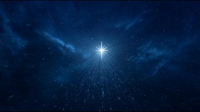 Bright Bethlehem Star light background deep blue cosmic sky falling particles