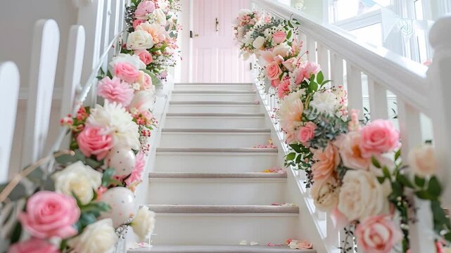 A staircase is adorned with colorful floral arrangements, including pink and white roses. Petals scatter along the steps, adding charm for a festive gathering