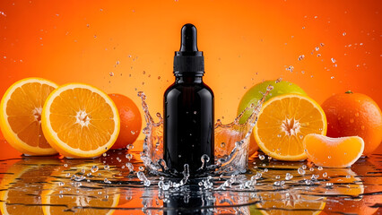 Citrus skincare serum bottle with orange slices and water splash