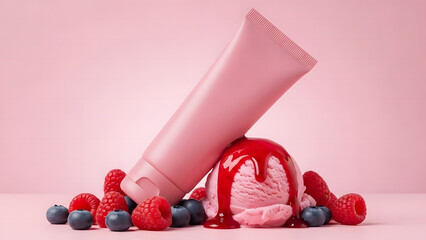 Pink cosmetic cream texture with ice cream and berries