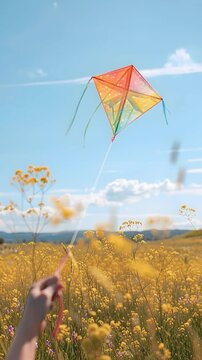 A person is flying a kite in a field filled with yellow flowers. The sky is clear and blue. The activity takes place during spring on a sunny day