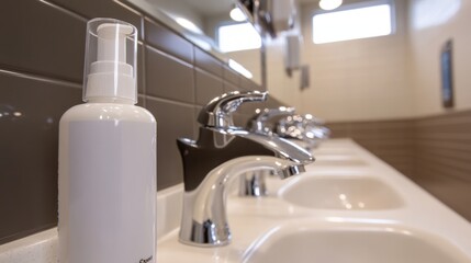 A bottle of hand sanitizer sits on a bathroom counter next to a chrome faucet and a row of sinks