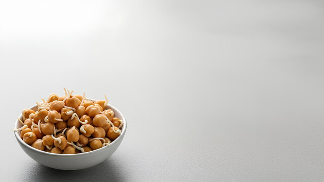Small bowl of sprouted chickpeas placed in the bottom-left corner of a wide light gray surface, large uncluttered area around it serving as negative space for text overlays, fresh and health-focused.