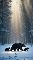 mother bear guiding cubs through snowy forest at twilight