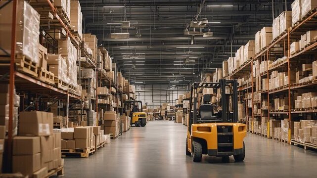 Forklifts move between rows of stacked boxes in a busy warehouse. Workers prepare packages for shipment. The space is organized and filled with cardboard boxes on pallets