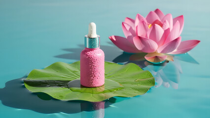 Natural cosmetic serum bottle with lotus flower on water