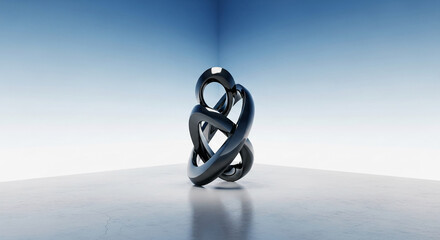 3D rendering of complex glossy black torus knot on reflective gray surface with soft blue gradient backdrop, representing connection and infinity