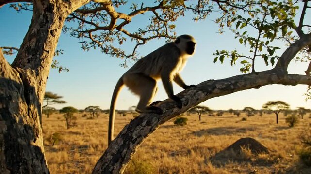 Savanna Vervet Monkey Climbing Tree Branch at Sunset Observing Landscape in African Wilderness