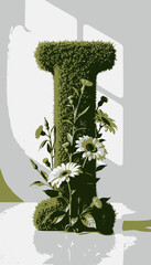 Fototapeta premium Nature-inspired sculpture of the letter I adorned with lush green grass and vibrant blooming flowers creating an artistic blend of typography and botanical elements