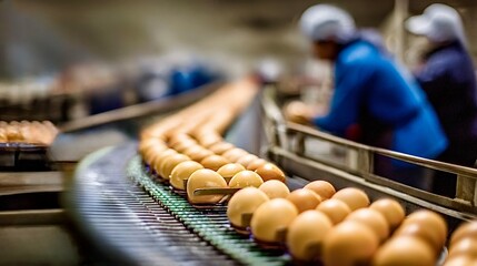 Eggs moving along conveyor belt in food processing factory