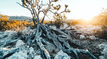 Exposed gnarled roots of a dead ancient tree in dry rocky desert landscape at golden hour