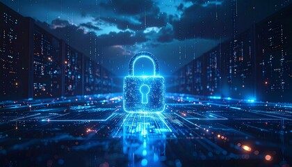 Glowing Digital Padlock in Server Room Representing Data Encryption and Cybersecurity