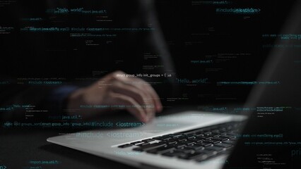 A close-up image captures a person hands typing on a laptop keyboard, with overlays of coding text representing the world of software development and cyber security. Xenic