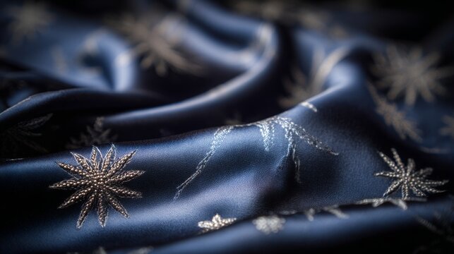 Elegant navy blue textile with detailed silver star embroidery, highlighting the rich texture and luxurious feel, perfect for fashion or interior design projects