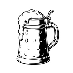 Vintage beer mug illustration with overflowing foam, black and white vector style, hand drawn engraving isolated on white background