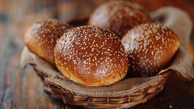 A basket holds several round bread rolls topped with sesame seeds. The setting is a wooden table that adds a warm touch to the scene. Freshly baked bread rolls in a woven basket on a wooden table