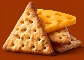 A triangular yellow cheese cracker with a piece of Swiss chesse on an red background, close-up