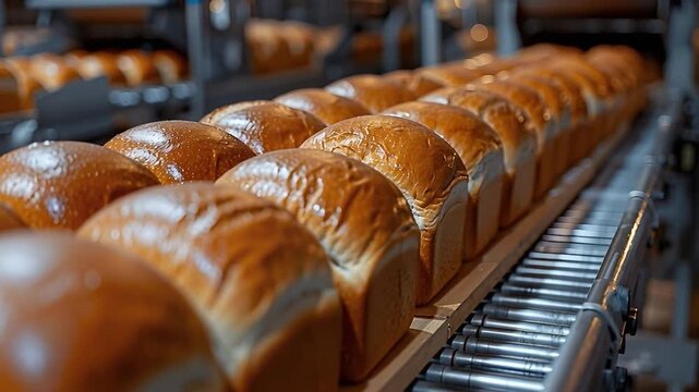 In a bakery facility, many loaves of bread are lined up and moving along a production line. Workers manage the process to ensure each loaf is ready for packaging