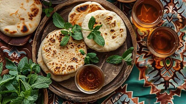 Freshly baked bread is placed on a wooden plate. Alongside the bread are mint leaves and tea in glasses. This scene shows a cultural meal setting with bright colors