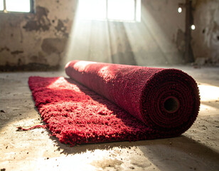 A plush red carpet unrolls across a dusty, abandoned floor under dramatic sunbeams. This cinematic image evokes luxury and hope within decay, ideal for creative and storytelling projects.