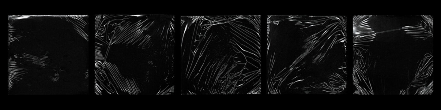 Set of black plastic wrap textures with stretched, wrinkled and torn film surfaces. Abstract dark backgrounds featuring transparent plastic distortions, scratches and folds, ideal for grunge design, o
