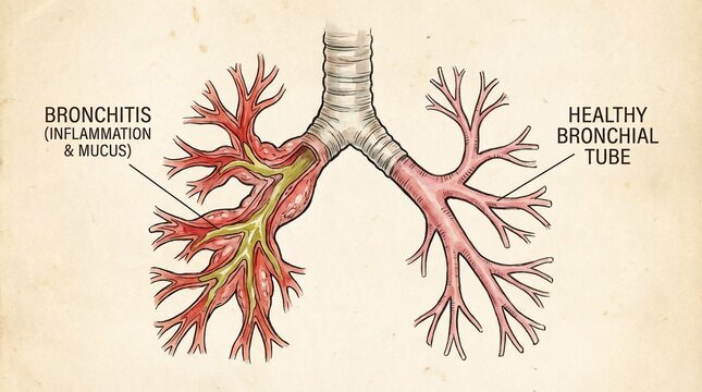 Anatomical Diagram Comparing Bronchitis Inflammation With Healthy Bronchial Tubes