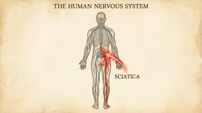 Human nervous system diagram highlighting sciatica nerve pain