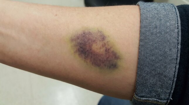 Large purple and yellow bruise on human arm skin