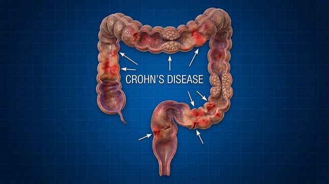 Medical Illustration of Human Colon with Crohn's Disease