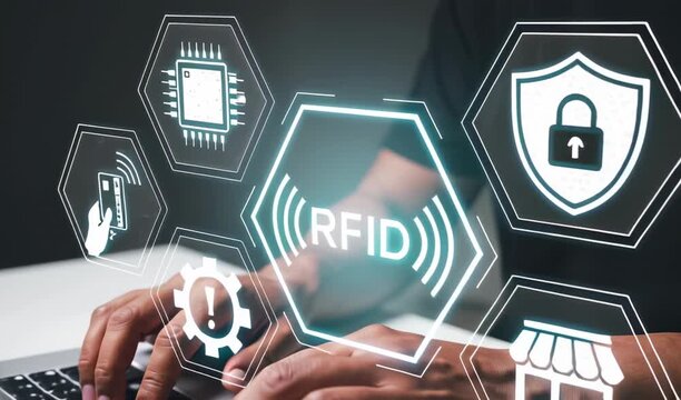 Person types on a laptop while interacting with glowing hexagonal icons representing rfid technology and related concepts.