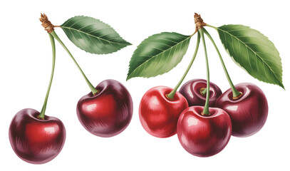 Watercolor set of red cherries and soft pink blossoms on white background. © Artverza