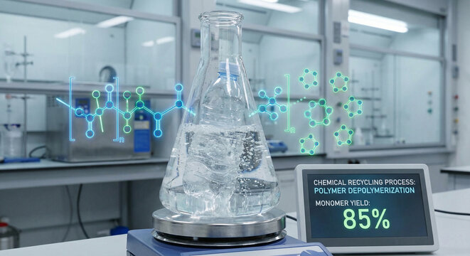 Chemical recycling concept with plastic dissolving into liquid monomer in flask