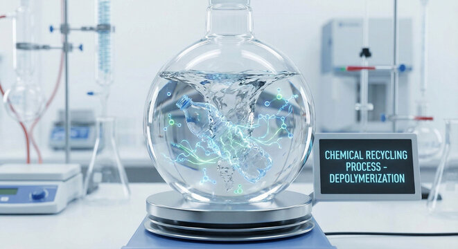 Chemical recycling concept with plastic dissolving into liquid monomer in flask