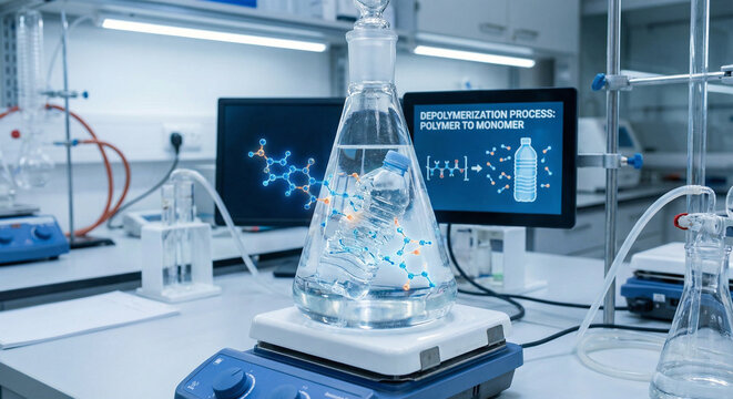 Chemical recycling concept with plastic dissolving into liquid monomer in flask