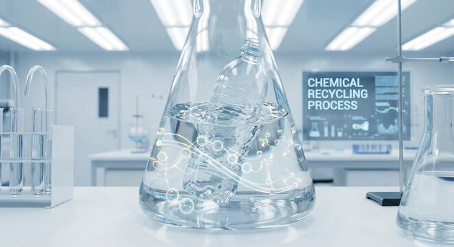 Chemical recycling concept with plastic dissolving into liquid monomer in flask