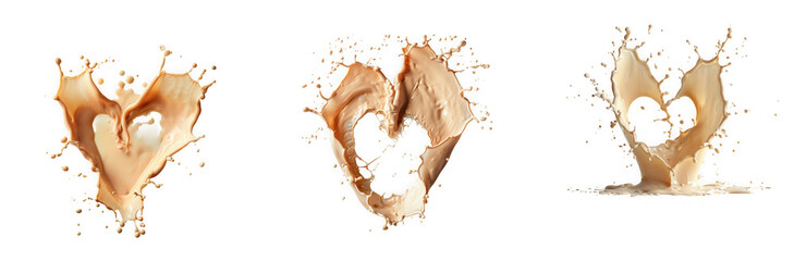 Three dynamic splashes of creamy liquid forming heart shapes captured in high detail on transparent background