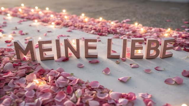 &ldquo;Meine Liebe&rdquo; sculpted rose-petal letters, close-up detail, layered depth, dreamy romantic lighting