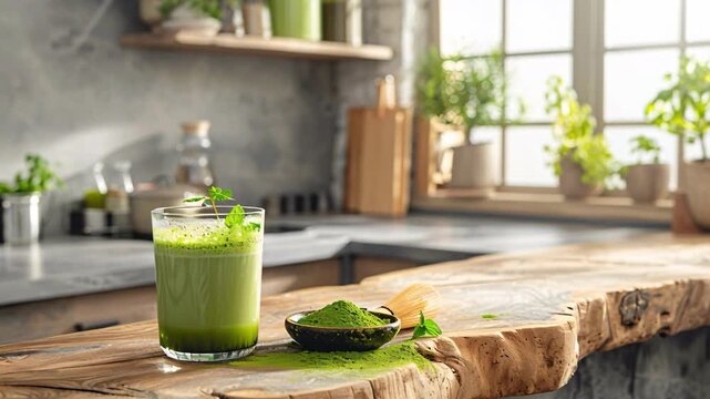 A glass of green drink sits next to a small bowl of matcha powder on a wooden counter. Bright plants are placed on the shelves, and natural light comes through the window