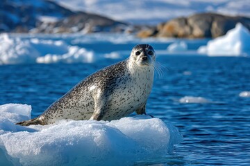 Spotted Seal on Ice Floe with transparent background and blue sea view.