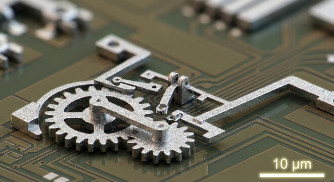 Microscopic MEMS gears and mechanical levers on silicon chip surface