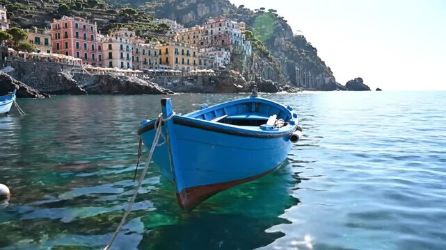 Scenic coastal view of a vibrant blue rowboat floating in the turquoise water with colorful buildings in the background.