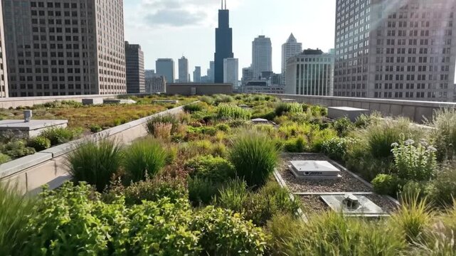 Lush rooftop garden in Chicago with various plants and impressive skyscraper skyline view