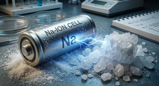 Sodium ion battery cell with white salt crystals and Na symbol