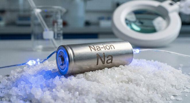 Sodium ion battery cell with white salt crystals and Na symbol