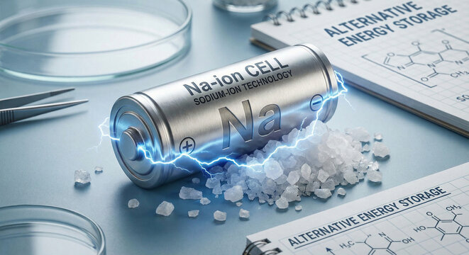 Sodium ion battery cell with white salt crystals and Na symbol