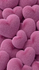 Soft fur hearts in deep pink are organized closely. This arrangement creates a warm and festive look for Valentine's Day. The hearts are made to add charm to the celebration.